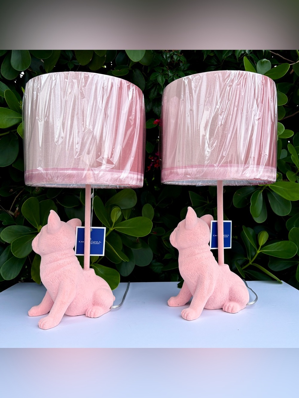 Pink Suede Frenchie French Bulldog Lamp Dog Puppy Velvet Fringe Shade (on right) - Picture 6 of 13